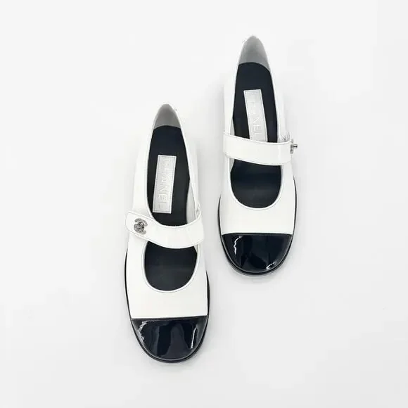 Chanel CC Logo Turnlock Calfskin Patent Leather Cap Toe Maryjane Flats Shoes 37 - Picture 3 of 13